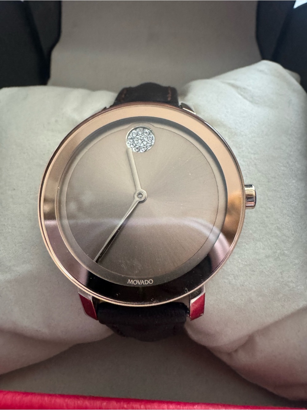 Movado Rose Gold-Tone Case Brown Dial Leather Strap Watch